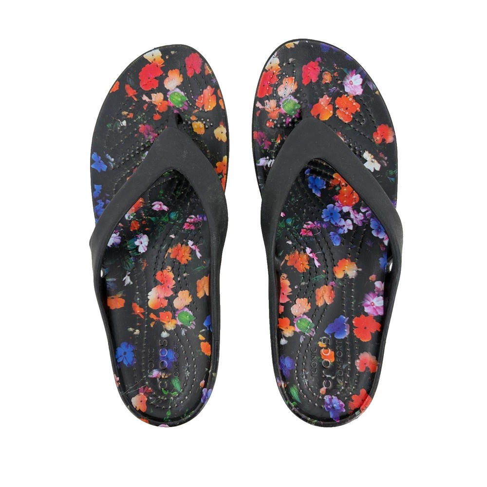 Crocs Kadee II Graphic Women's Flip Flop Sandals Black Floral Size 6
